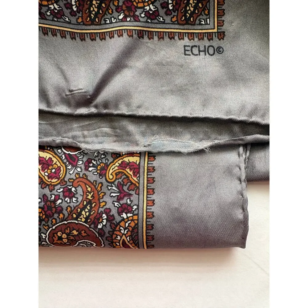 ECHO Silk Blend Paisley Square Scarf Gray Brown Old Money Vintage Inspired